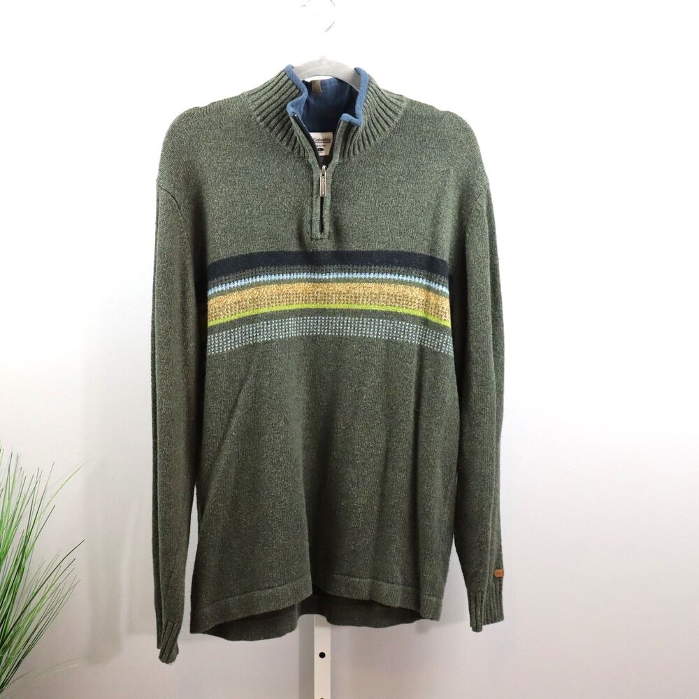 Columbia Quarter Zip Sweater L Green Mens Striped Wool Blend Pullover